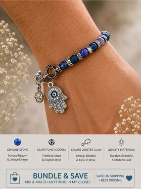 Genuine Unisex Stone Beaded Bracelet with Hamsa and Evil Eye